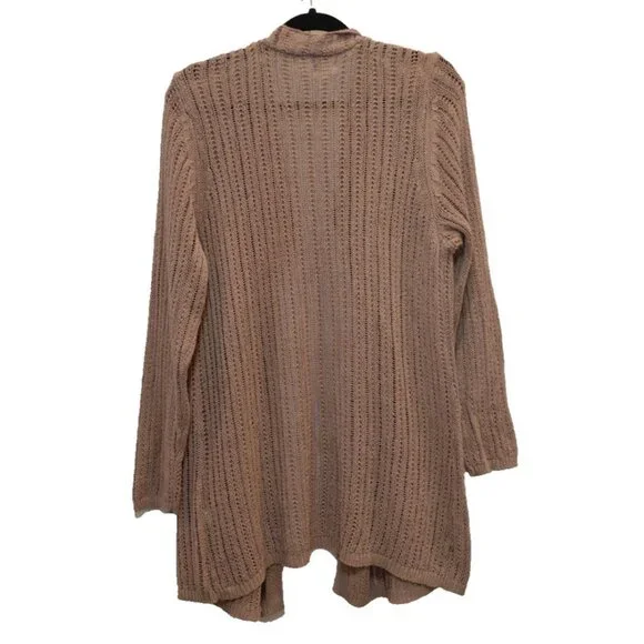 J. Jill Cotton Linen Open Front Cardigan Lg Tan Loose Knit Long Sleeves Pockets - Picture 2 of 10